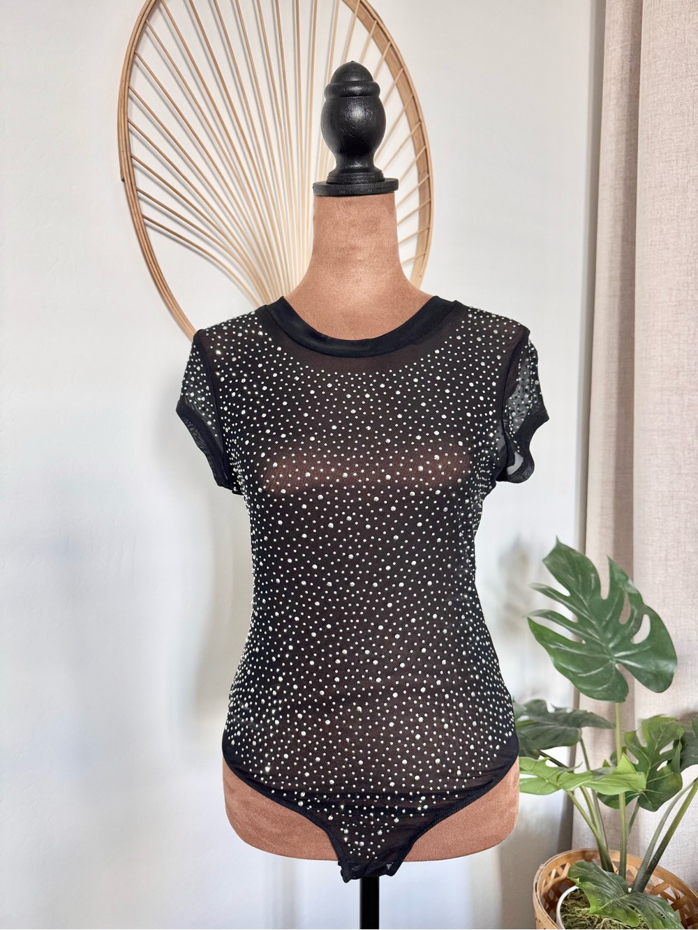 Sheer Black Short Sleeve Mesh Top with Sparkle Gem Embellishment